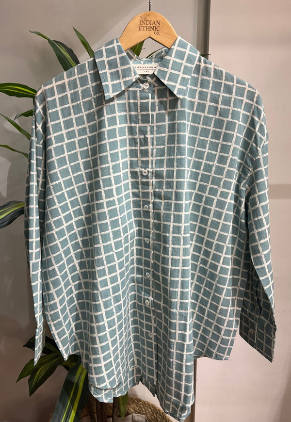 Ruhi Blue Hand Block Print Slub Cotton Anti-Fit Shirt