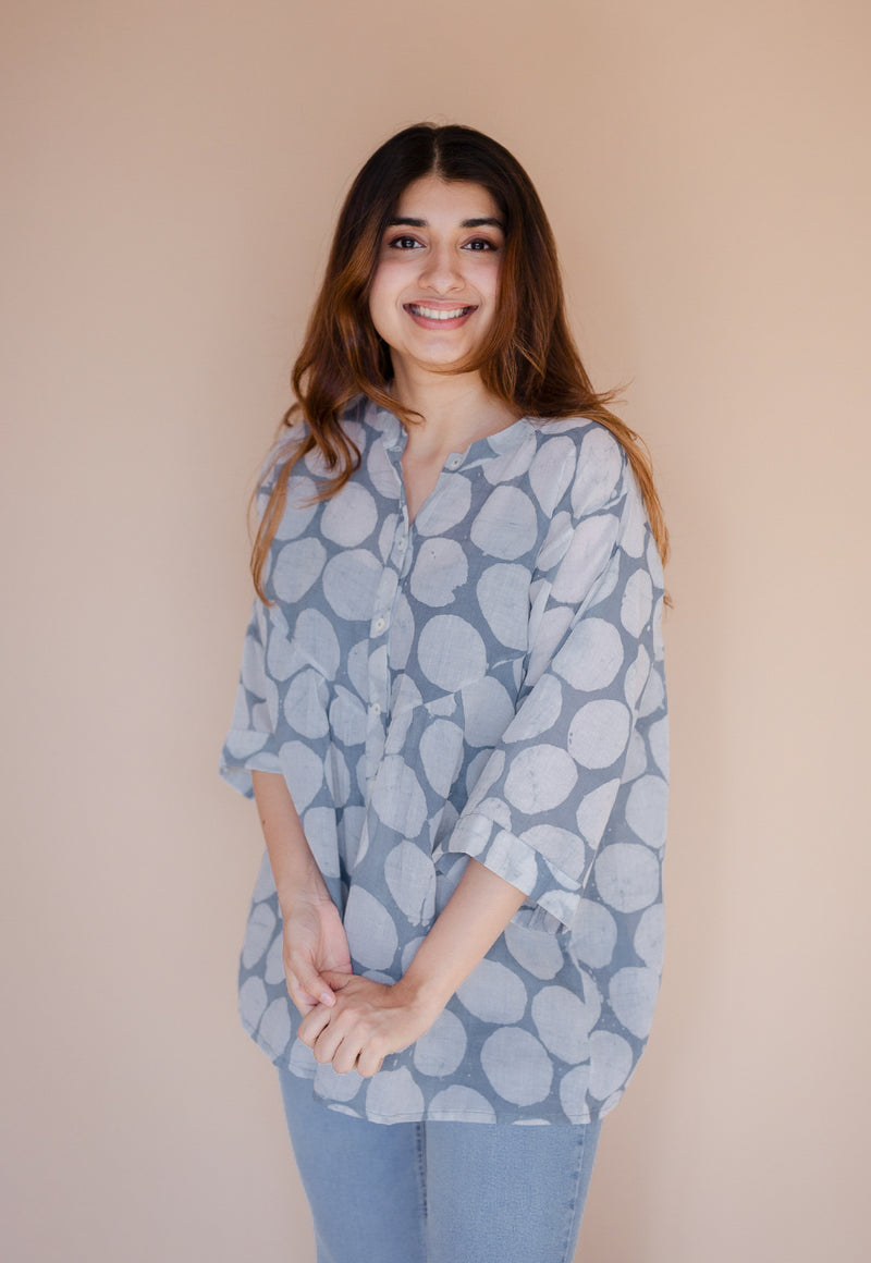 Mysha Blue Batik MulMul Straight Short Top with Slip