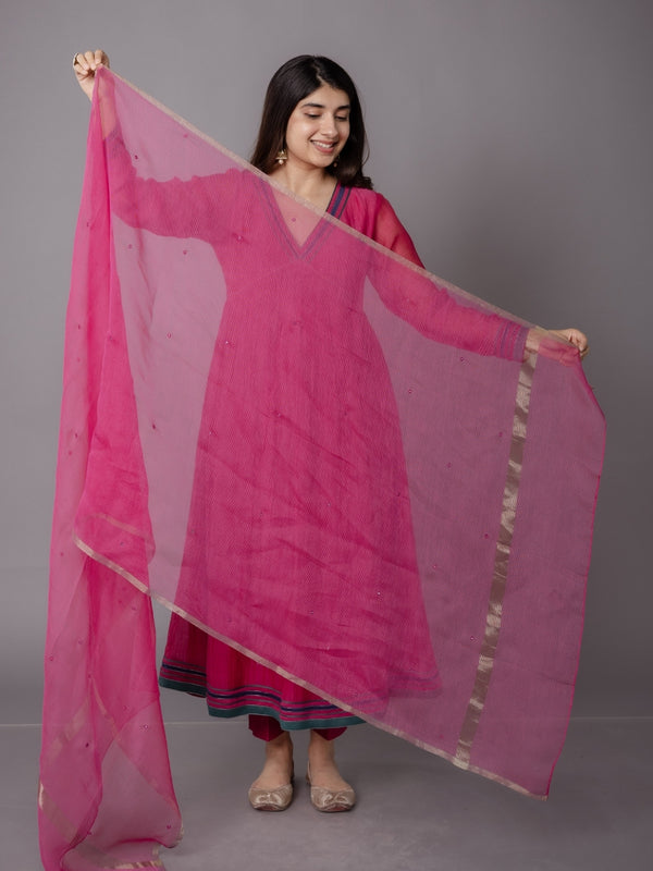 Pink Solid Zari Silk Net Dupatta with Hand Embroidery