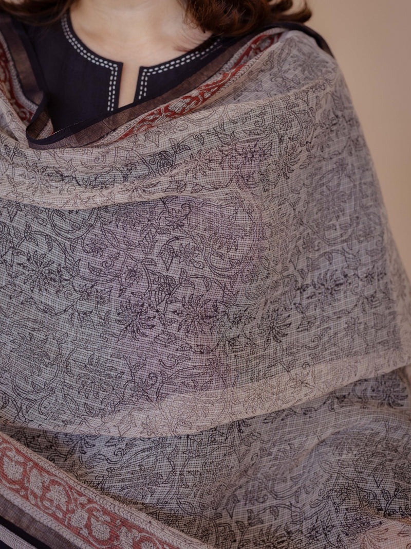 Off White Floral Bagru Kota Doria Cotton Dupatta