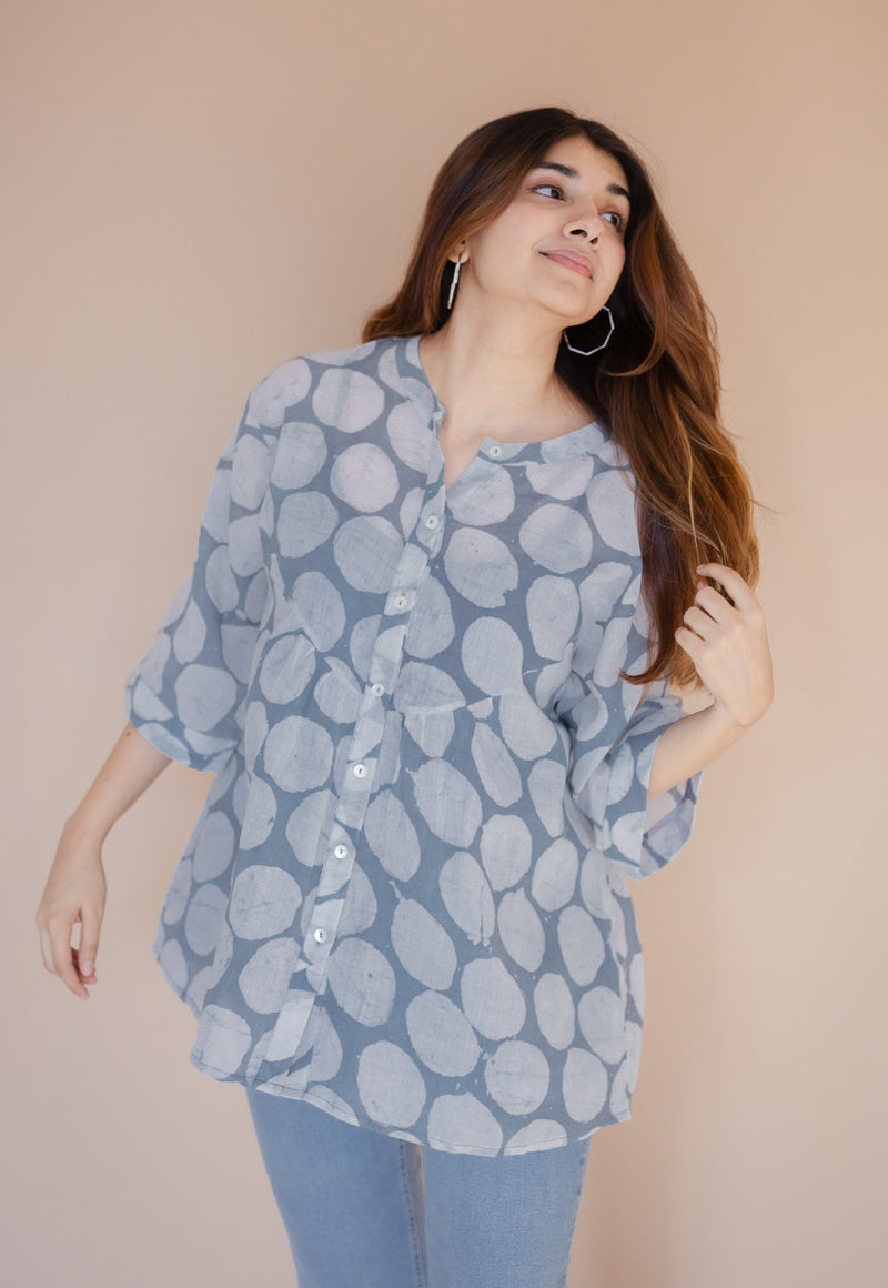 Mysha Blue Batik MulMul Straight Short Top with Slip