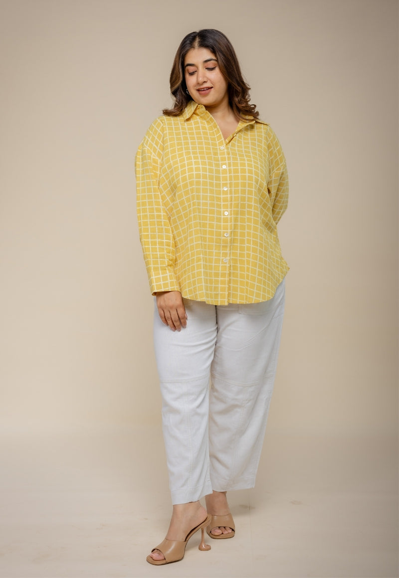 Ruhi Yellow Hand Block Print Slub Cotton Anti-Fit Shirt