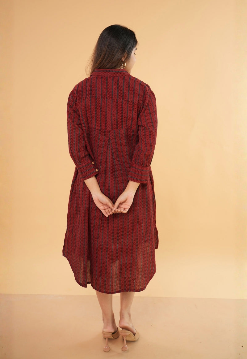 Ridah Red Ajrakh Crush Cotton A Line Dress