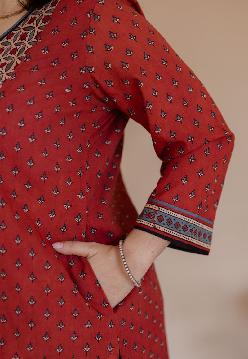 Mayuri Red Ajrakh Cotton Straight Kurta