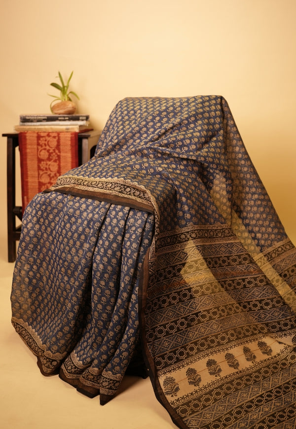 Blue Butti Bagru Hand Block Print Chanderi Silk Saree