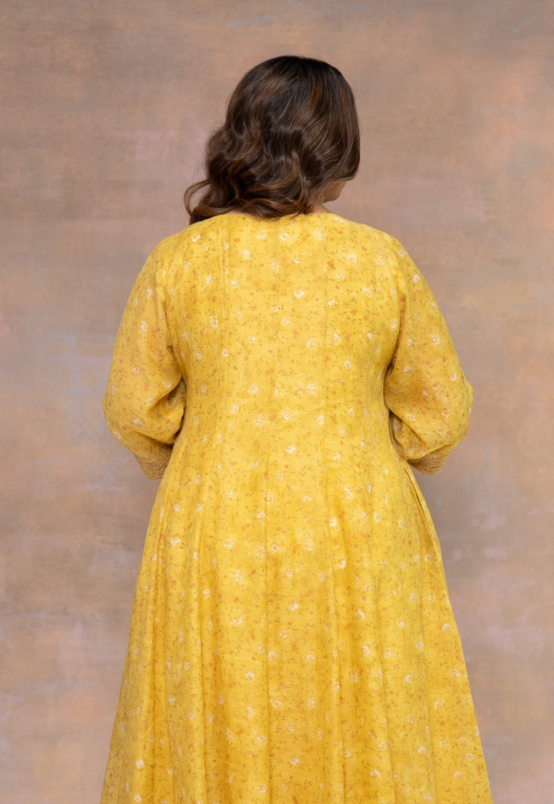 Rosa Yellow Sanganeri Chanderi Silk Kali Kurta with Hand Embroidery