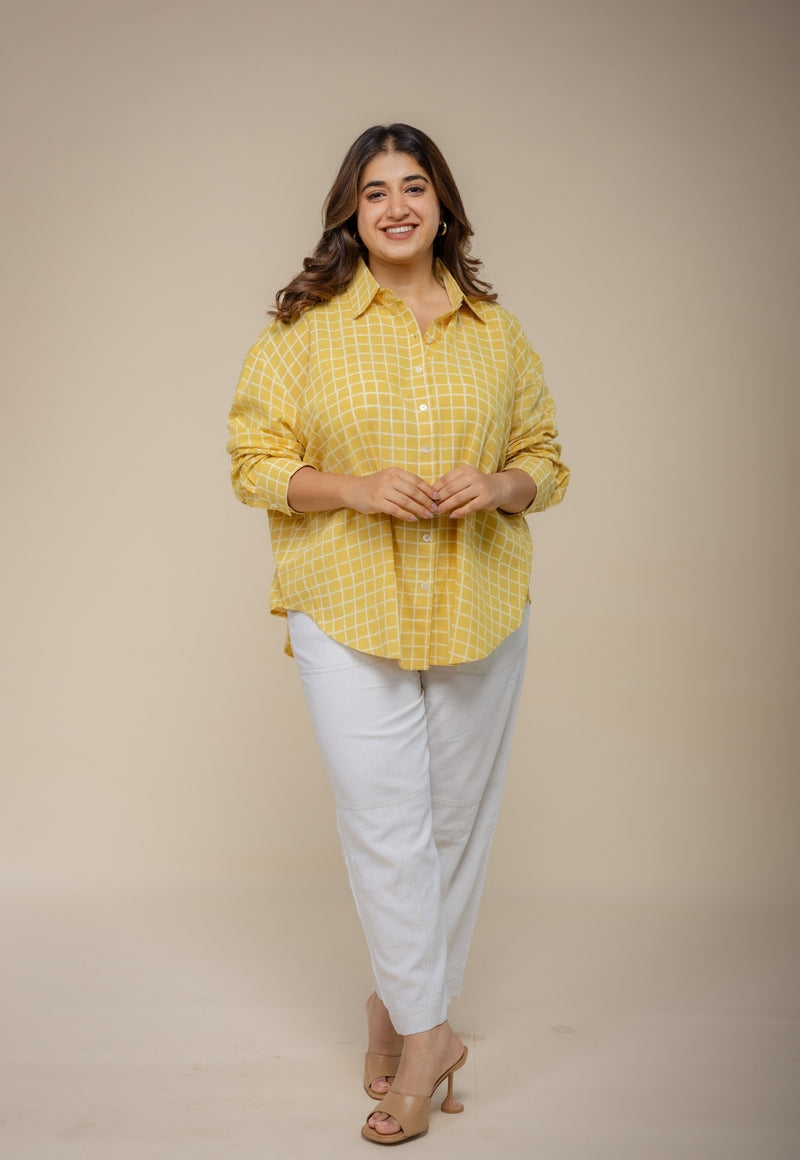Ruhi Yellow Hand Block Print Slub Cotton Anti-Fit Shirt