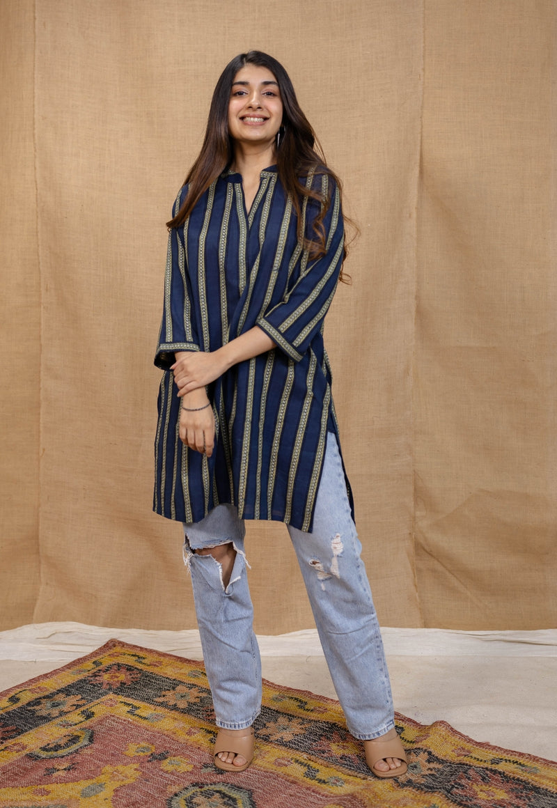 Hiba Indigo Ajrakh Cotton Straight Kurta