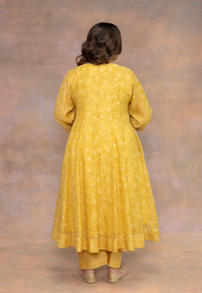 Rosa Yellow Sanganeri Chanderi Silk Kali Kurta with Hand Embroidery