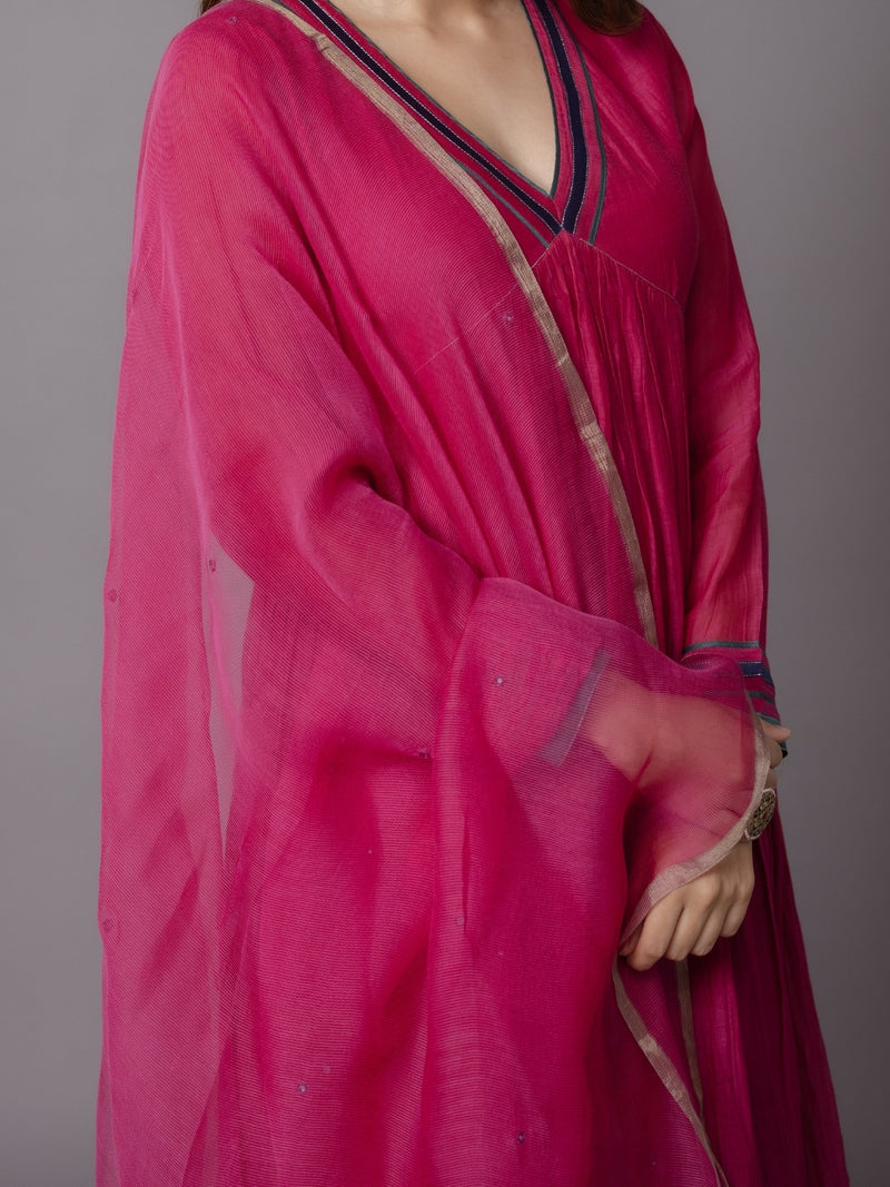 Pink Solid Zari Silk Net Dupatta with Hand Embroidery