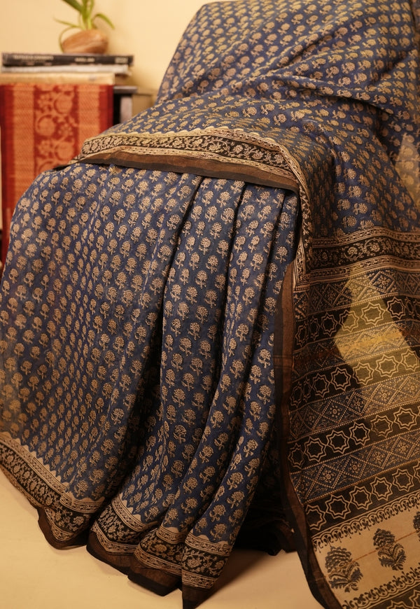 Blue Butti Bagru Hand Block Print Chanderi Silk Saree