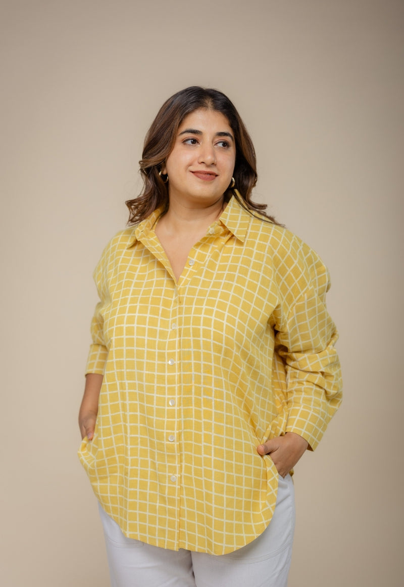 Ruhi Yellow Hand Block Print Slub Cotton Anti-Fit Shirt