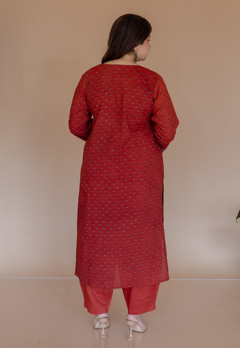 Mayuri Red Ajrakh Cotton Straight Kurta
