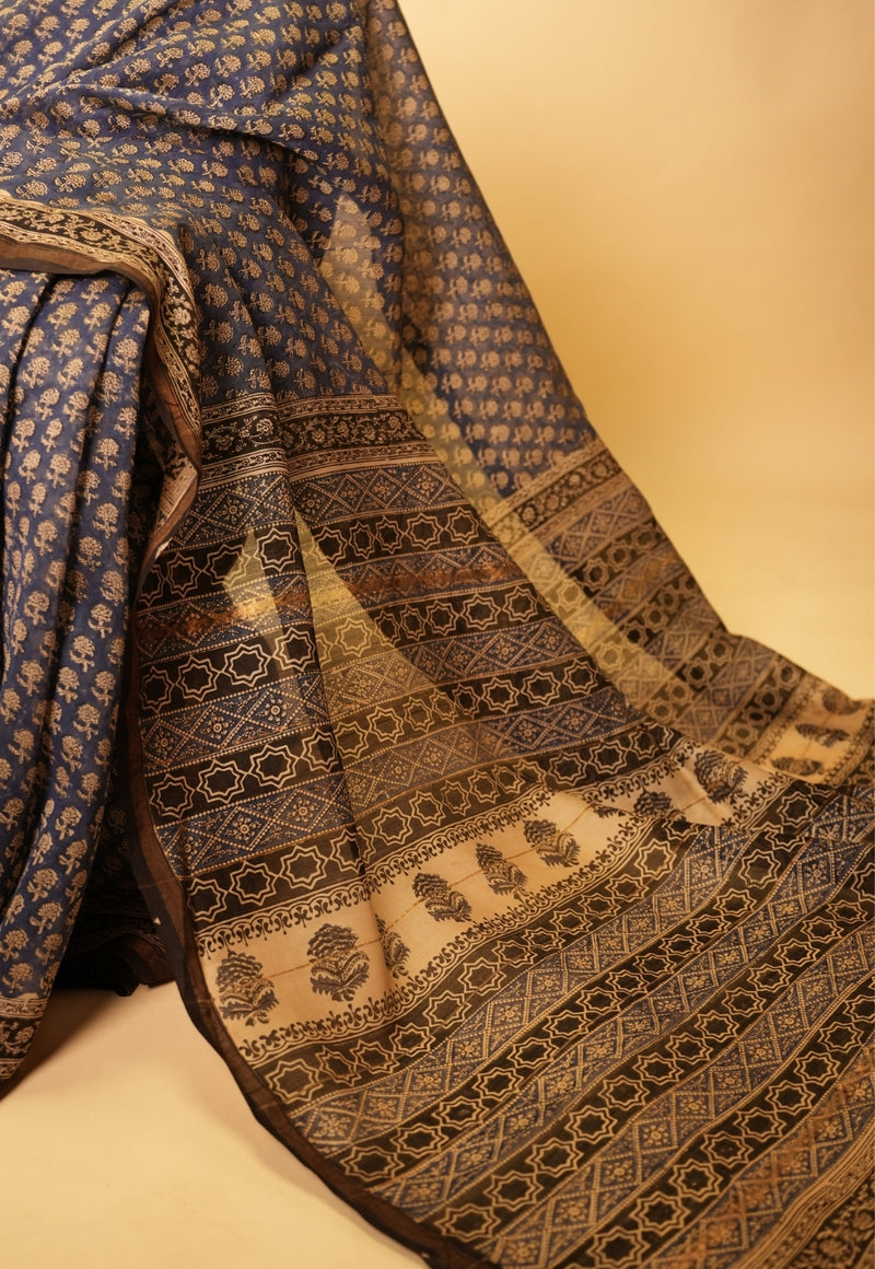 Blue Butti Bagru Hand Block Print Chanderi Silk Saree