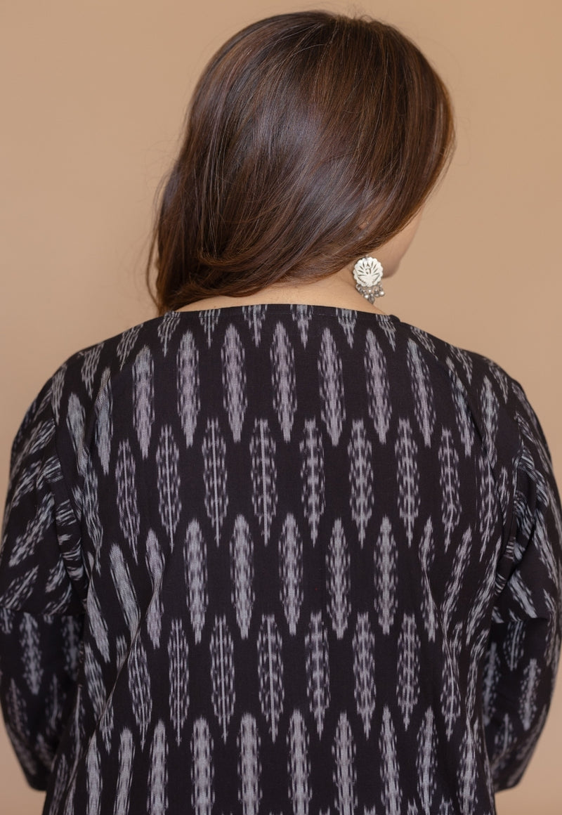 Alizah Black Handloom Ikkat Cotton Jhabbha Kali Kurta