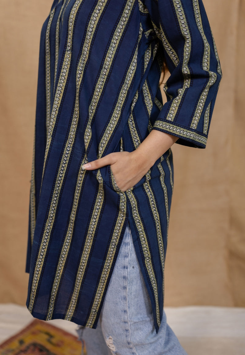 Hiba Indigo Ajrakh Cotton Straight Kurta