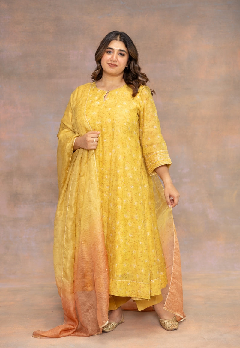 Rosa Yellow Sanganeri Chanderi Silk Kali Kurta with Hand Embroidery