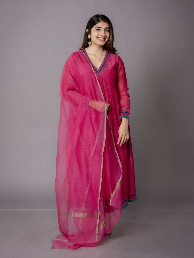Pink Solid Zari Silk Net Dupatta with Hand Embroidery