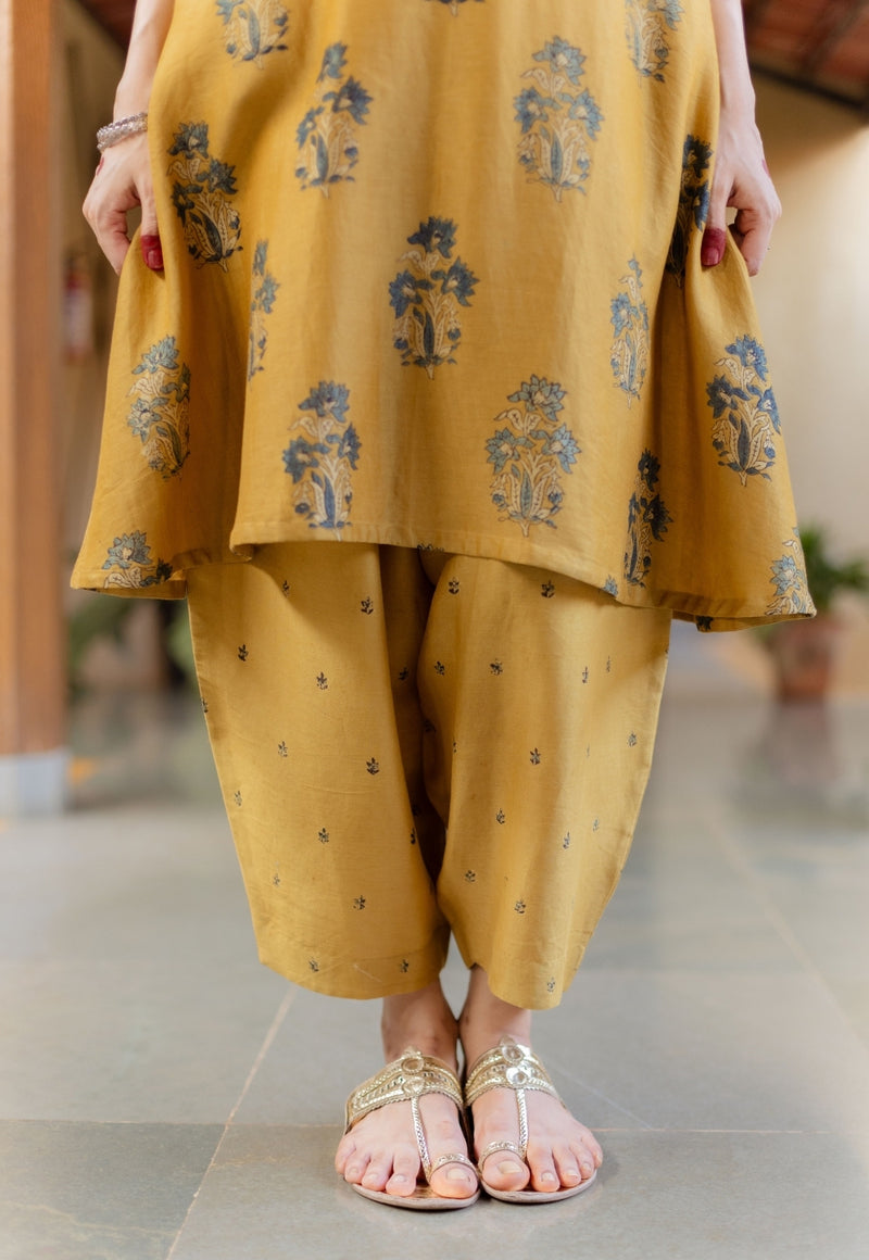 Daksha Mustard Ajrakh Chanderi Silk A Line Kurta with Hand Embroidery