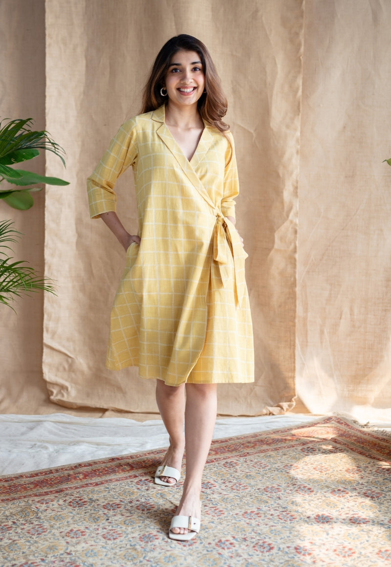 Erza Yellow Dabu Slub Cotton Straight Dress