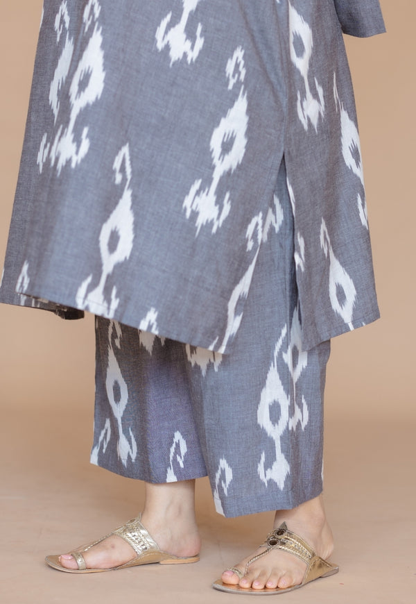 Yashi Grey Handloom Ikkat Cotton Straight Pant