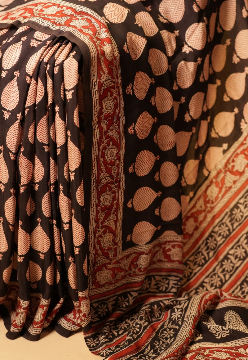 Black Butta Bagru Hand Block Print Modal Saree