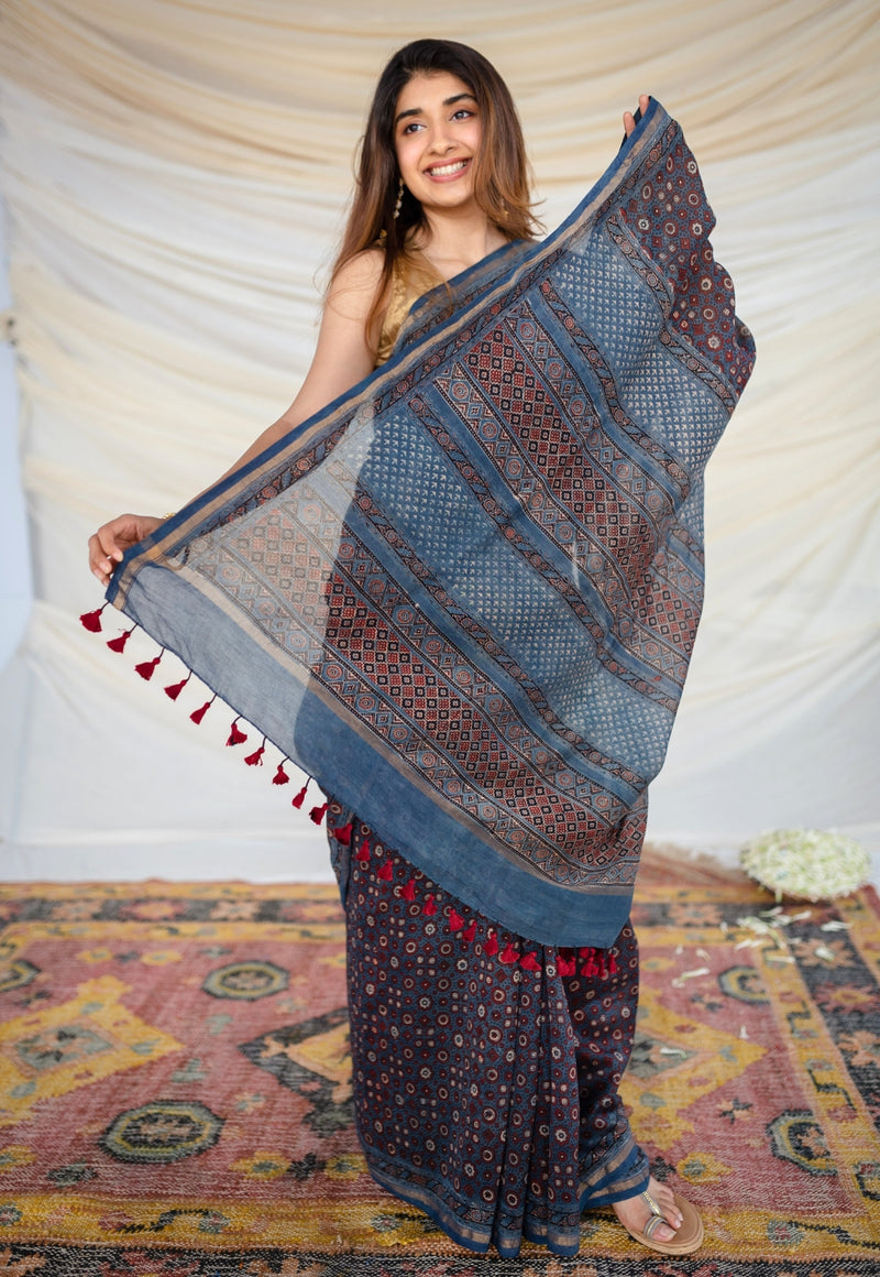 Blue Ajrakh Hand Block Printed Chanderi Silk saree