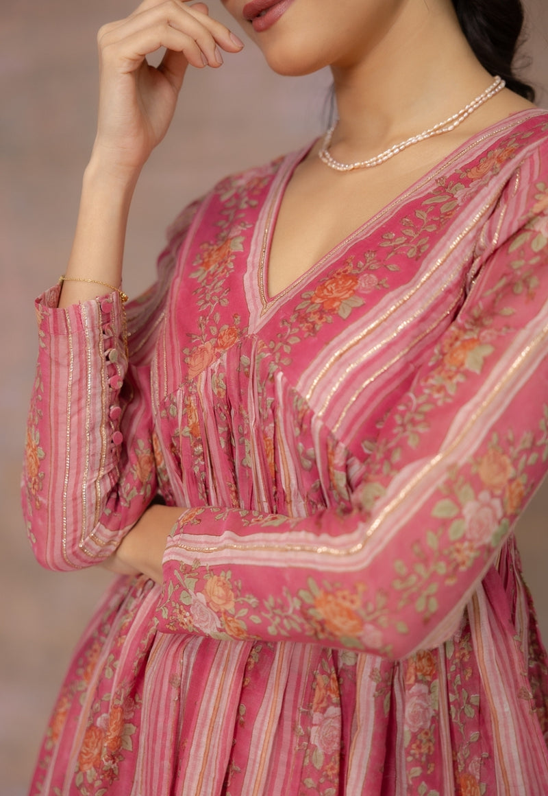 Rooz Pink Sanganeri Chanderi Silk A Line Kurta with Lace Detailing