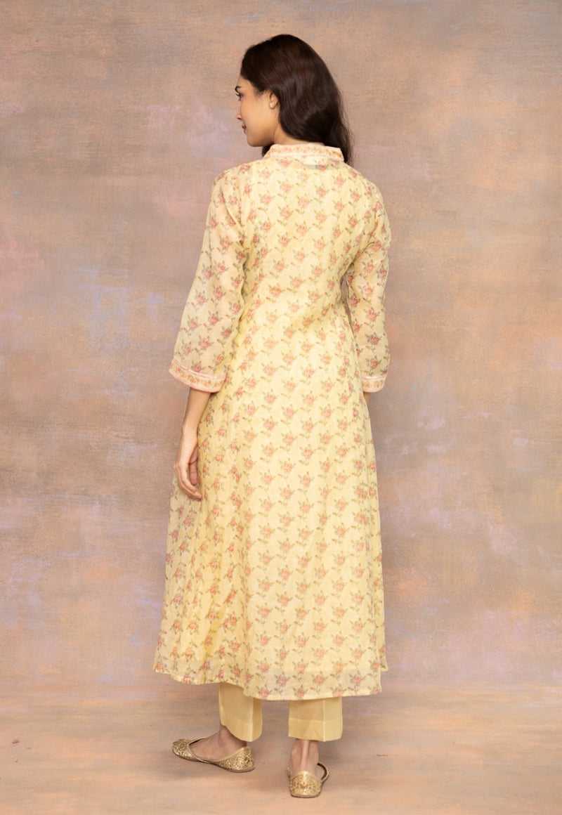 Rosa Yellow Sanganeri Chanderi Silk Kali Kurta