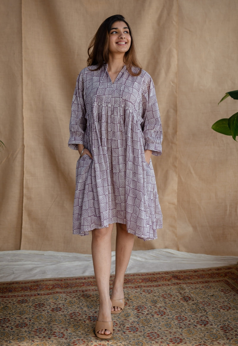 Elina Lavender Batik MulMul Cotton A Line Dress