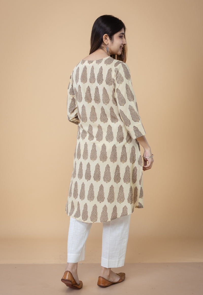 Daksha Beige Ajrakh Cotton A Line Kurta
