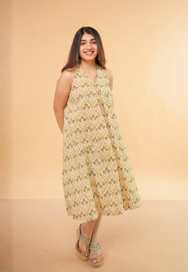 Eira Beige Ajrakh Cotton A Line Dress