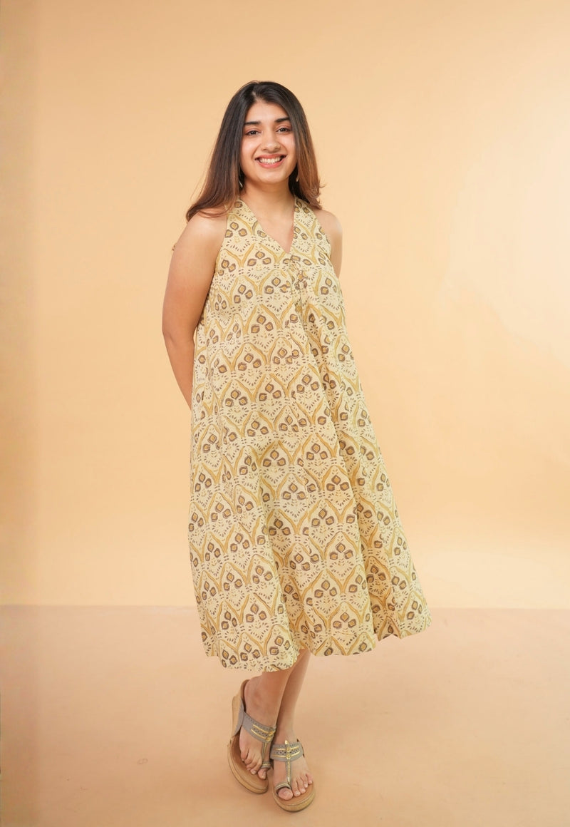 Eira Beige Ajrakh Cotton A Line Dress