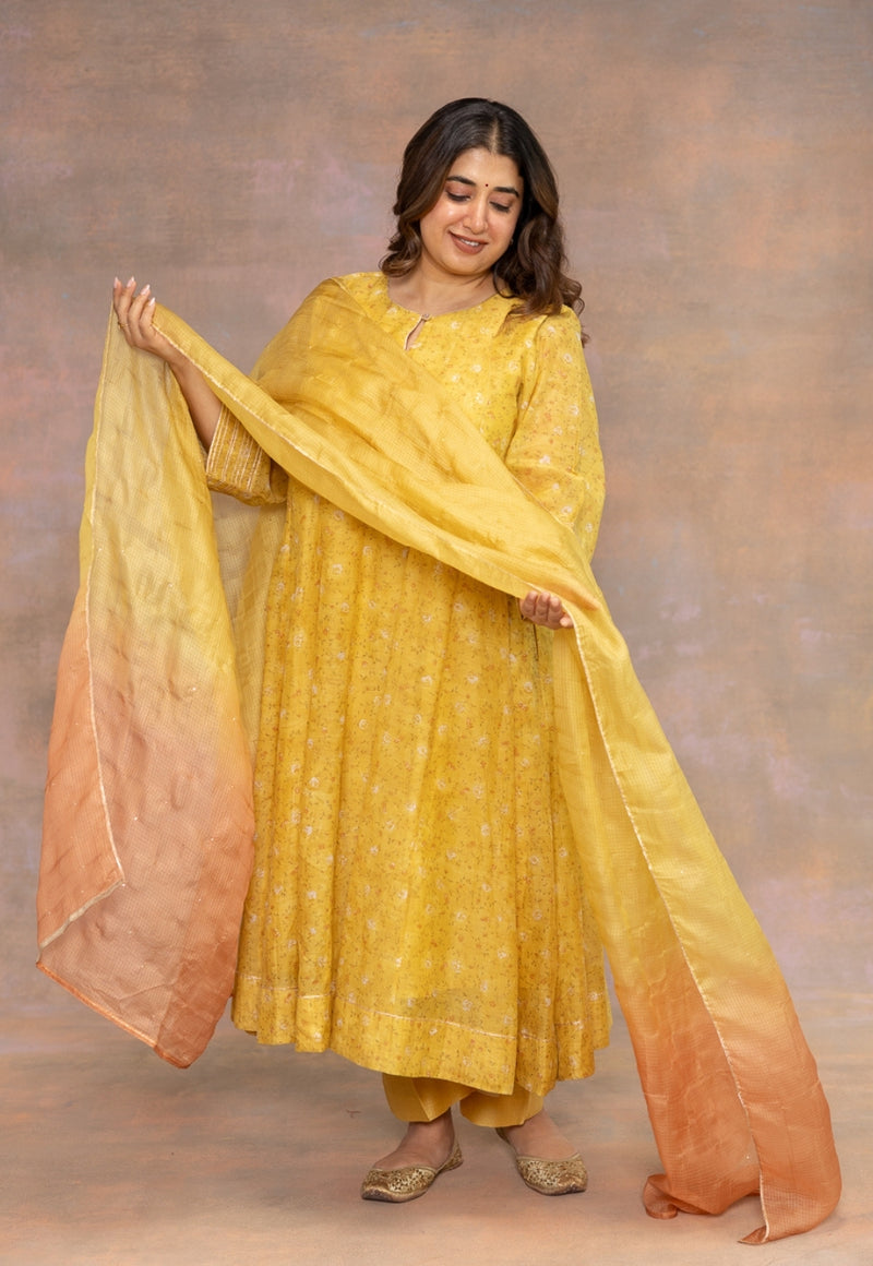 Rosa Yellow Solid Ombre Kota Doria Silk Dupatta with Mukaish Detailing