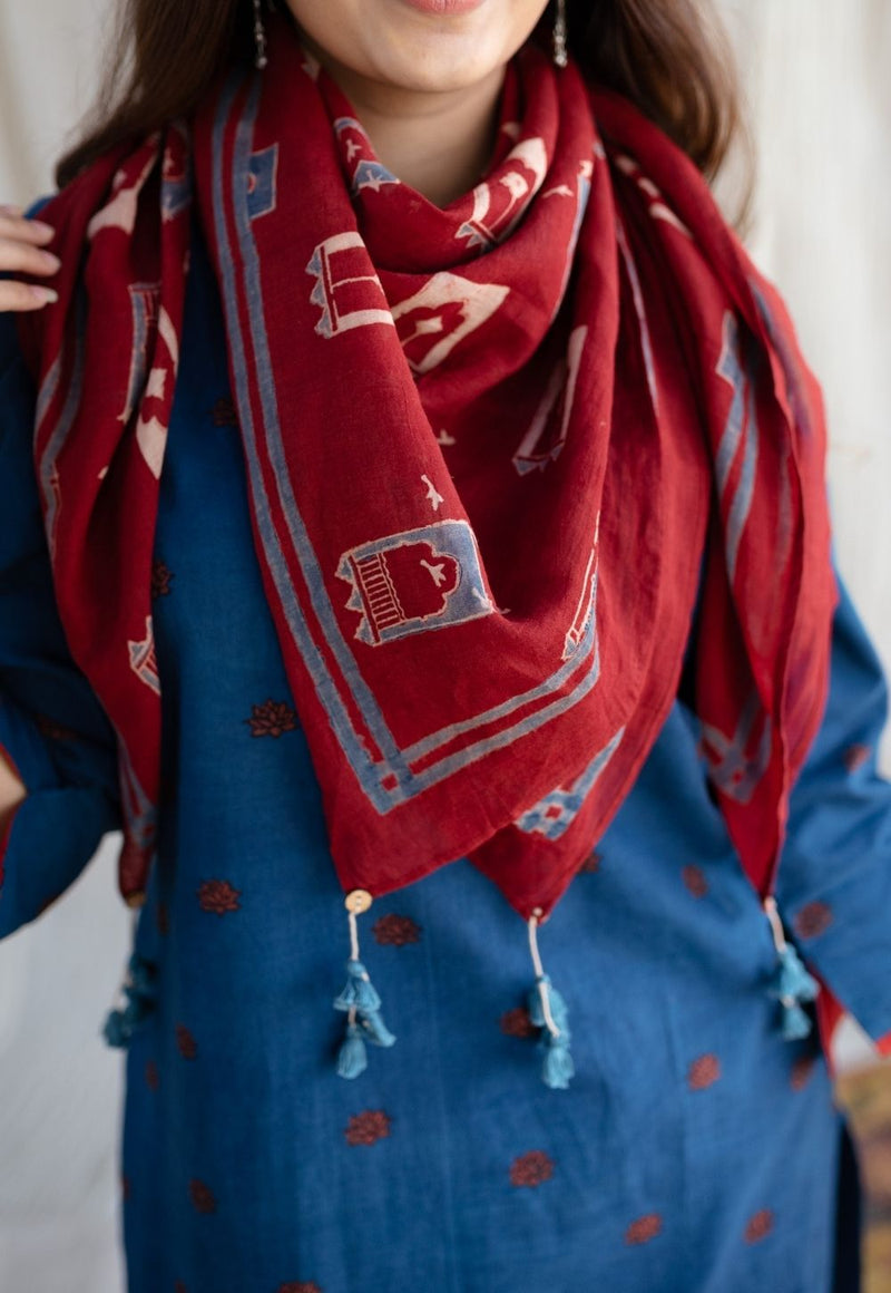 Jharoka Red Ajrakh Mul Handblock Printed Scarf