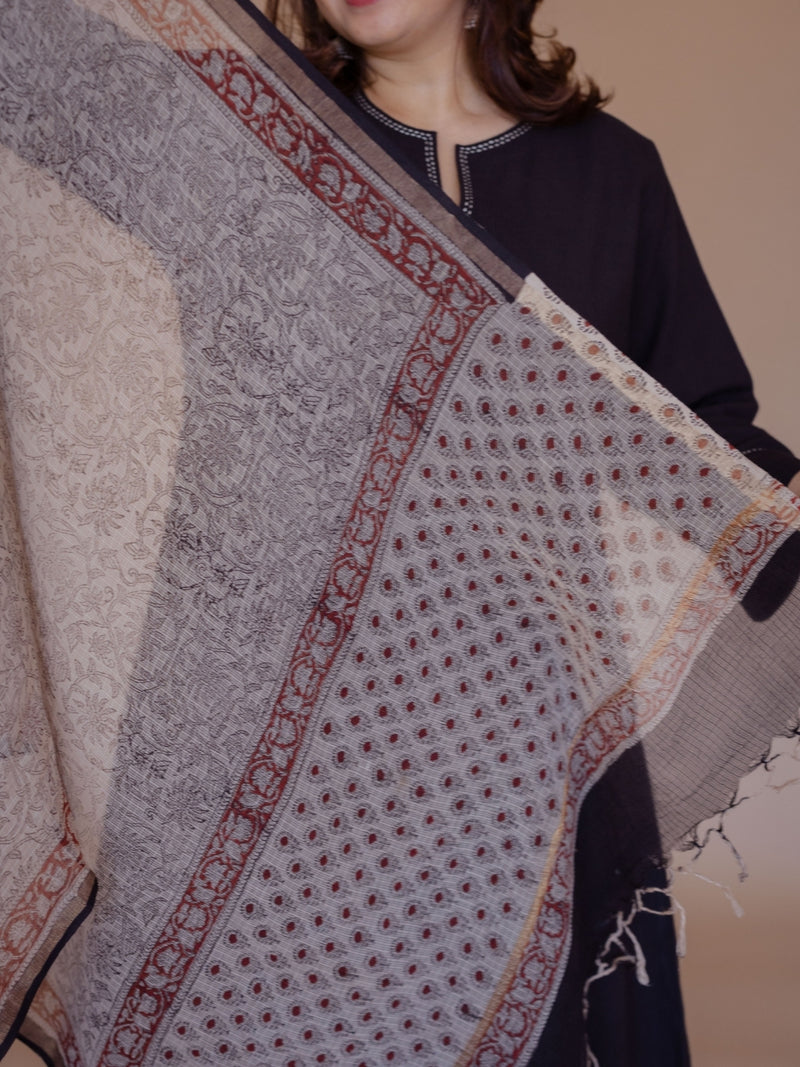 Off White Floral Bagru Kota Doria Cotton Dupatta