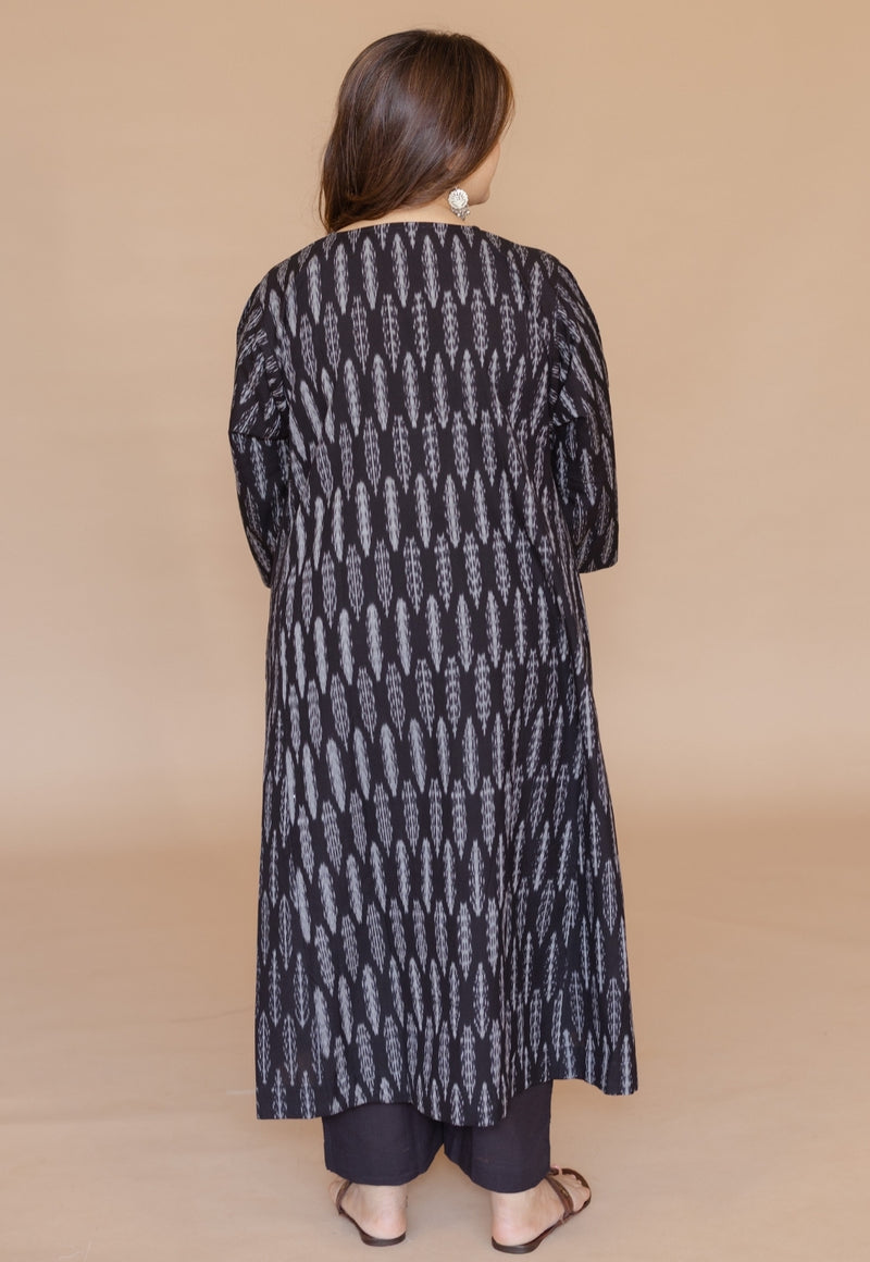 Alizah Black Handloom Ikkat Cotton Jhabbha Kali Kurta