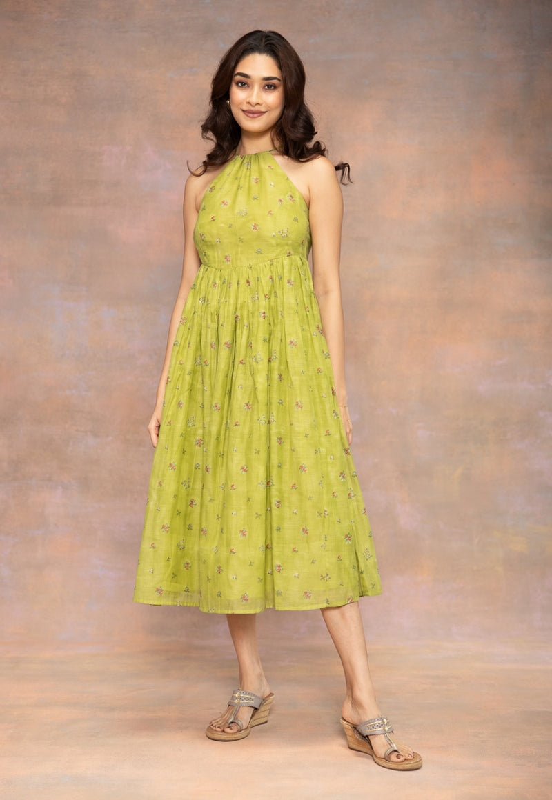 Rooz Green Sanganeri Chanderi Silk Silk A Line Dress