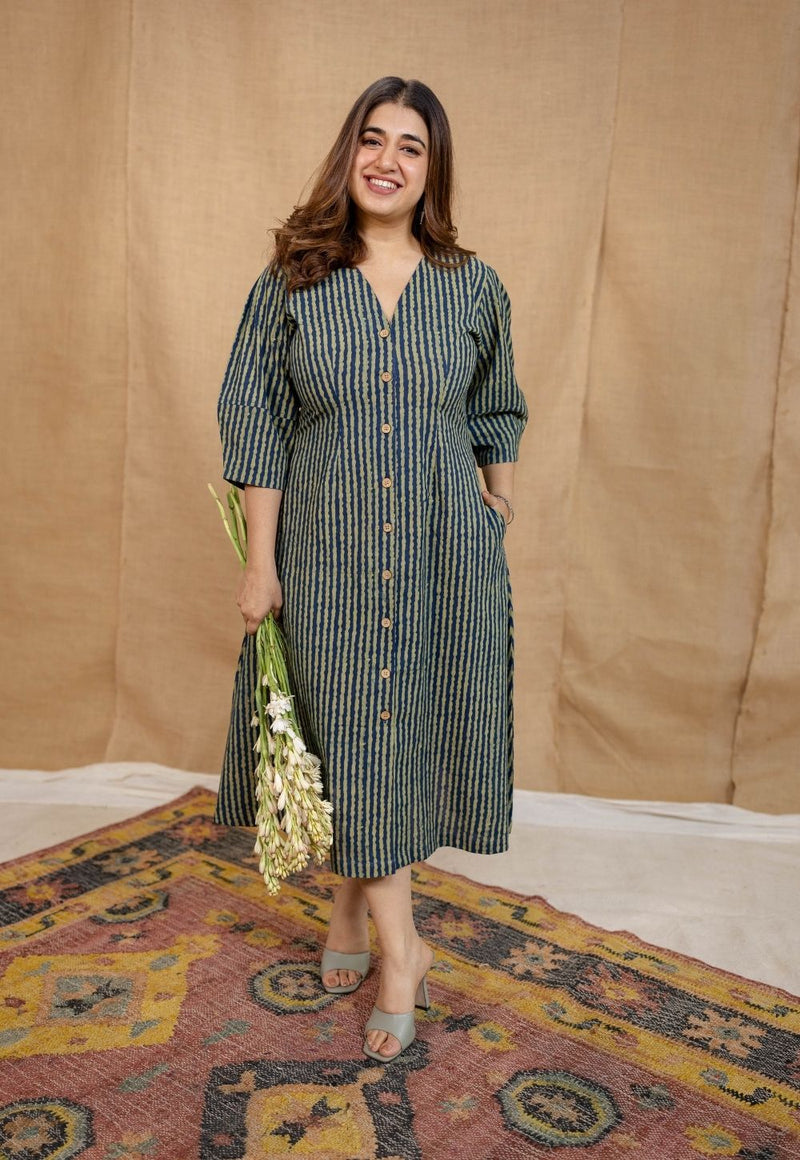 Nimit Indigo Ajrakh Cotton A Line Dress