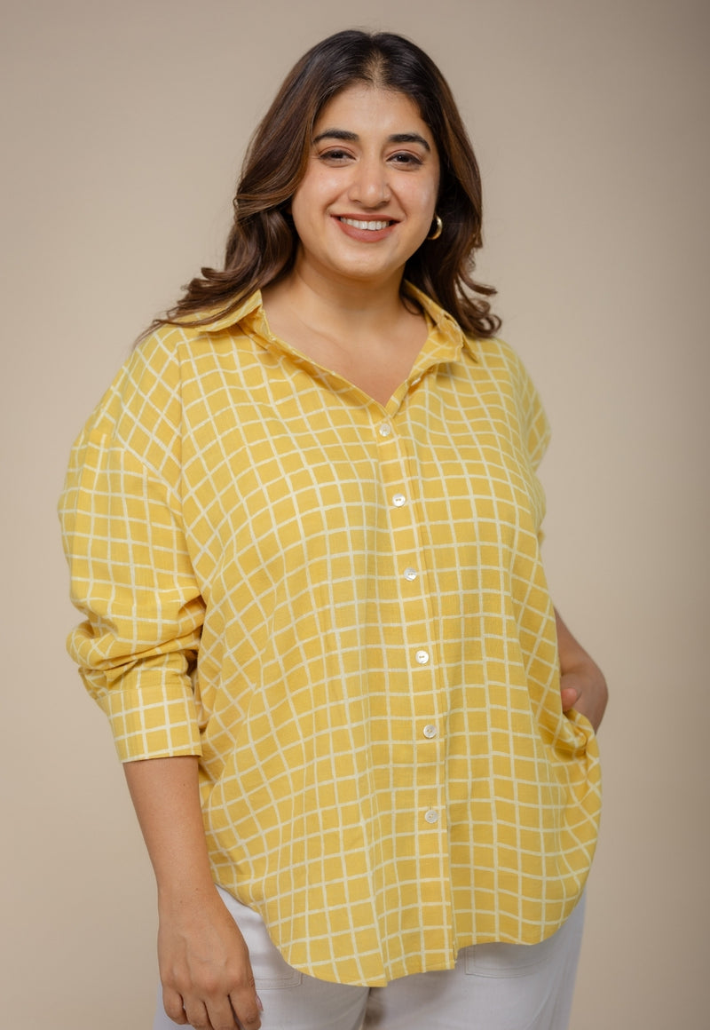 Ruhi Yellow Hand Block Print Slub Cotton Anti-Fit Shirt