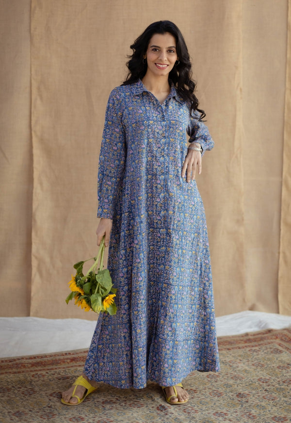 Trusha Blue Sanganeri Slub Cotton A Line Dress