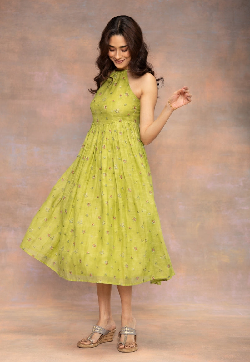 Rooz Green Sanganeri Chanderi Silk Silk A Line Dress