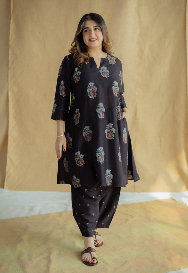 Daksha Black Ajrakh Chanderi Silk A Line Kurta with Hand Embroidery