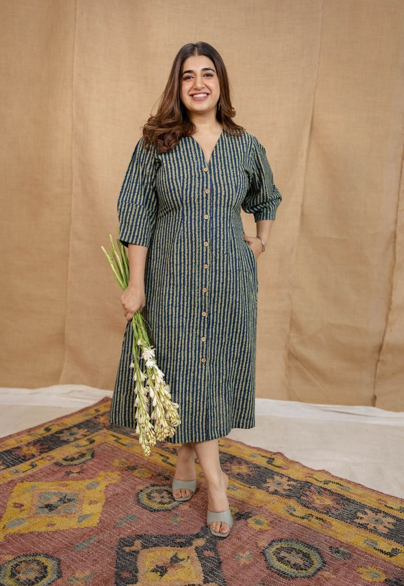 Nimit Indigo Ajrakh Cotton A Line Dress