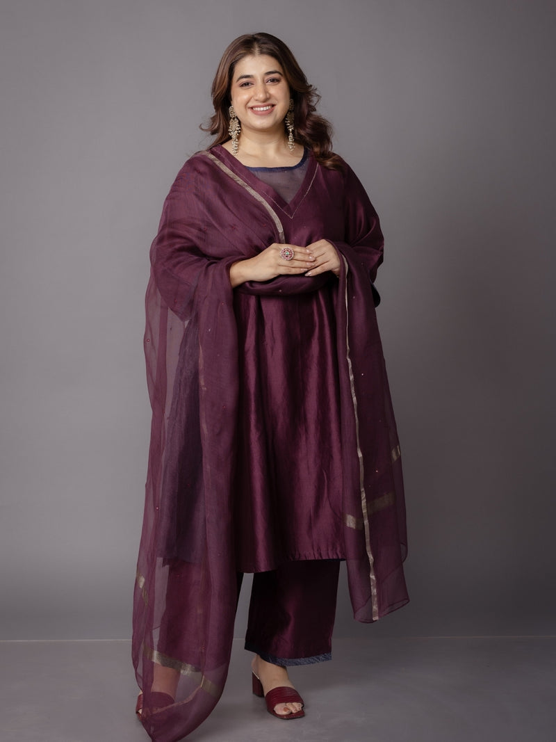 Wine Solid Zari Silk Net Dupatta with Hand Embroidery