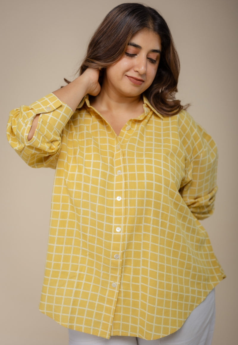 Ruhi Yellow Hand Block Print Slub Cotton Anti-Fit Shirt