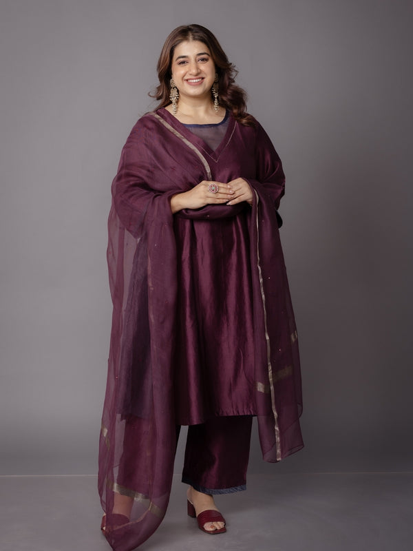 Roshini Purple Solid Chanderi Silk Straight Kurta with Hand Embroidery and Slip