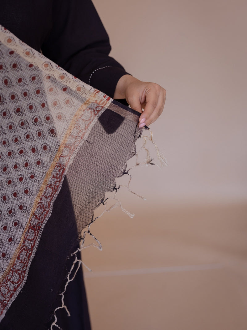 Off White Floral Bagru Kota Doria Cotton Dupatta