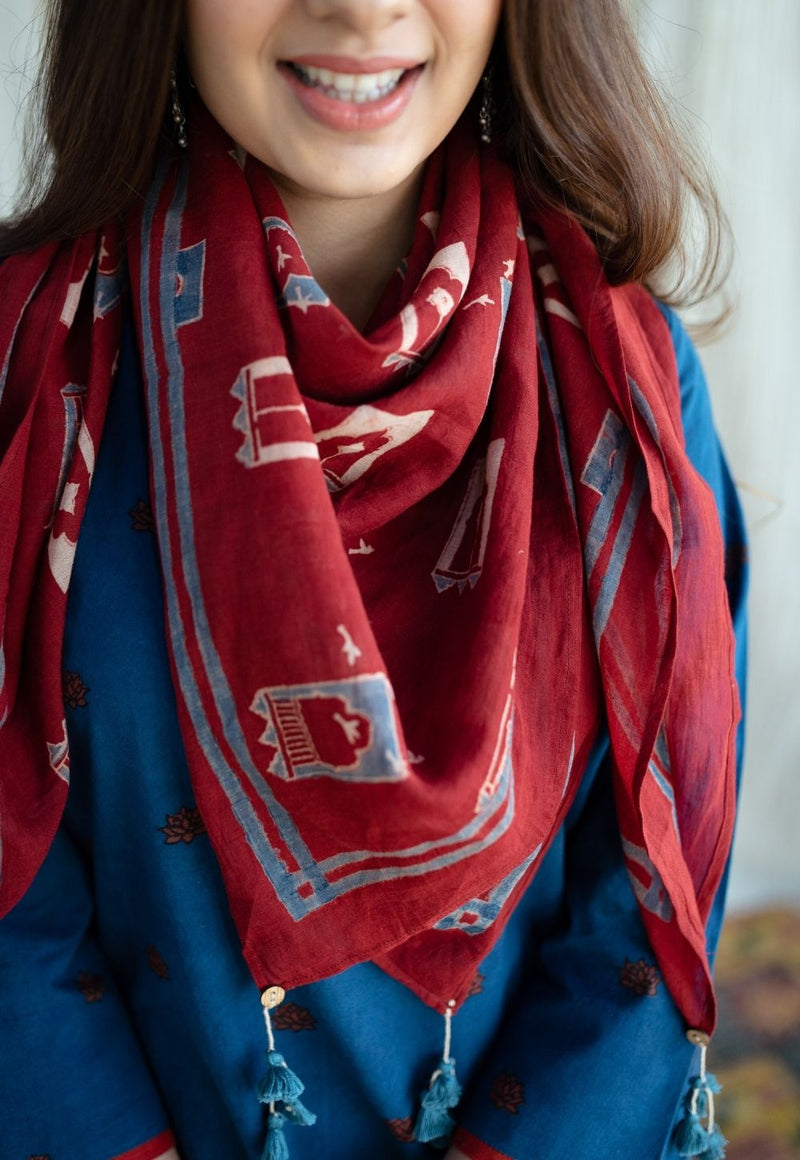 Jharoka Red Ajrakh Mul Handblock Printed Scarf