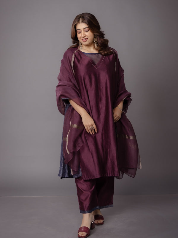 Roshini Purple Solid Chanderi Silk Straight Kurta with Hand Embroidery and Slip